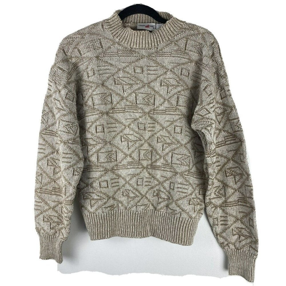 Vintage 3D Knit Grandpa/Dad Sweater 80s/90s Beige Tan Oversized Small S
